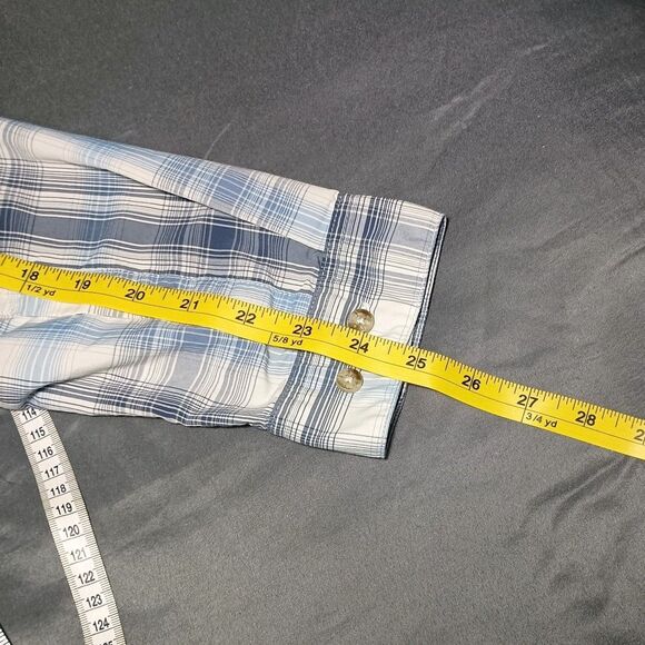 Patagonia Sun Stretch Shirt Mens M Blue Plaid Long Sleeve Backcountry Zip Pocket - Picture 4 of 16
